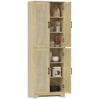 HOMCOM 67" Tall Kitchen Pantry, Freestanding Kitchen Storage Cabinet with 4 Rattan Doors and Adjustable Shelves, Oak(m-9)