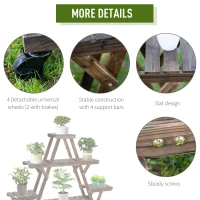 Outsunny Outdoor Plant Stand w/ Wheels and Brakes, Mobile Wood Plant Shelf Flower Stand for Garden Balcony Backyard Corner Living Room, Brown(m-5)