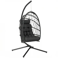 Outsunny Hanging Egg Chair with Stand, Foldable Wicker Rattan Swing Chair with Thick Cushion and Safety Rope, Black(m-9)