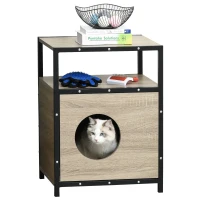 PawHut Wooden Cat House Kitten Condo Shelter Bed w/Soft Cushion Cat Litter Box Enclosure End Table Hideaway Cabinet Storage, Grey(m-11)