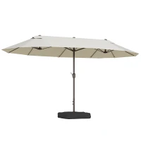 Outsunny 15' Outdoor Patio Umbrella with Twin Canopy Sunshade Steel Table Umbrella w/ Lift Crank, Cross Base, Sandbag, Cream(m-9)