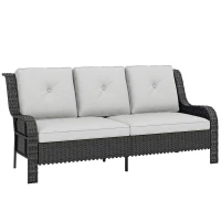 Outsunny Wicker Patio Sofa with Cushions, 3 Seater Rattan Outdoor Couch for Patio, Garden, Porch, Backyard, Light Grey(m-9)