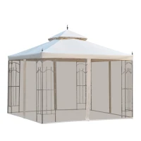 Outsunny 10' x 10' Steel Outdoor Patio Gazebo Canopy with Removable Mesh Curtains, Display Shelves, & Steel Frame, Beige(m-11)