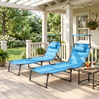 Outsunny 2 Pcs Outdoor Lounge Chair, 4 Position Adjustable Backrest, Folding, Cushioned w/ Sun Shade Roof & Pillow, Blue(m-10)