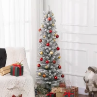 HOMCOM 5ft Artificial Christmas Tree, Snow Flocked Branches, Metal Base, Pencil Xmas Tree(m-10)