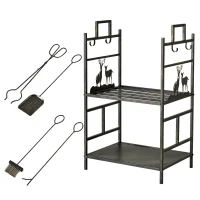 Outsunny 20.25" x 13" x 30.25" 2-Layer Heavy Duty Firewood Rack Wood Log Fireplace Stacker  w/ 4 Tools, Black and Gold(m-11)