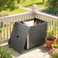 Outsunny 30 Gallon Storage Box, Outdoor Side Table with Umbrella Holder, Black(m-8)