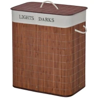 HOMCOM Bamboo Laundry Basket with Lid and String Handles, Collapsible Laundry Hamper with 2 Removable Bags, Brown(m-1)