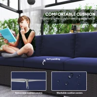 Outsunny 3-Seater Outdoor Sofa Couch, PE Wicker Patio Sofa with Cushions, Wood Grain Armrests, Dark Blue(m-4)