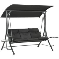 Outsunny 3 Seat Outdoor Swing Chair Steel Swing Bench Porch Swing With Adjustable Canopy & Coffee Tables & Cushion for Patio Garden, Black(m-9)