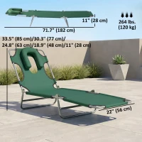 Outsunny Folding Lounge Chair Outdoor, Tanning Chair with Face Hole Arm Slots, Beach Chaise Lounger with Pillow, 5-Position Adjustable Portable Sun Lounger Bed for Pool, Green(m-3)