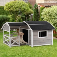 PawHut Outdoor Dog House Cabin Style, Wooden Raised Dog Shelter with Asphalt Roof, Front Door, Side Window, Porch for Medium to Large Dogs, Gray(m-3)