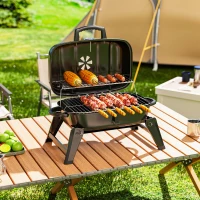 Outsunny Charcoal BBQ Grill, Foldable Barbecue Grill with Warming Rack, Adjustable Vent, Thermometer, Handles, Black(m-8)