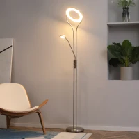 HOMCOM Modern LED 2 Light Floor Lamp, Tall Standing Lamp with Rotatable Ring Light and Height Adjustable Side Light for Living Room or Bedroom, Silver(m-13)