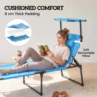 Outsunny 2 Pcs Outdoor Lounge Chair, 4 Position Adjustable Backrest, Folding, Cushioned w/ Sun Shade Roof & Pillow, Blue(m-4)