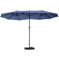 Outsunny 15' Outdoor Patio Umbrella with Twin Canopy Sunshade Steel Table Umbrella w/ Lift Crank, Cross base, Sandbag, Dark Blue(m-8)