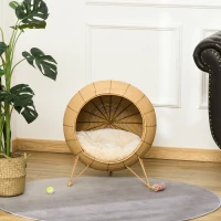 PawHut 20.5" Rattan Cat Bed, Wicker Elevated Round Condo for Comfort and Circulation with Cushion(m-8)