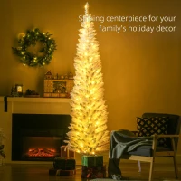 HOMCOM 7' Pre Lit Artificial Pencil Christmas Trees, Xmas Tree with Realistic Branches and Warm White LED Lights, White(m-4)