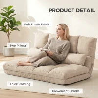 HOMCOM Convertible Floor Sofa Chair, Folding Couch Bed, Guest Chaise Lounge with 2 Pillows, Adjustable Backrest and Headrest, 40.25" L, Beige(m-6)