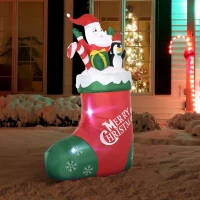 Outsunny 5ft Christmas Inflatables Outdoor Decorations Santa and Penguin Standing in Sock with Candy Cane Gift Box, Blow-Up LED Yard Christmas Decor for Lawn Garden Party(m-2)