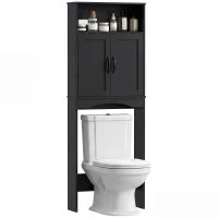 HOMCOM Over The Toilet Storage Shelf Freestanding Bathroom Organizer with 2 Doors and Open Shelf Black(m-9)