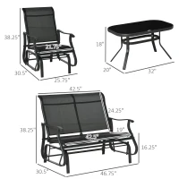 Outsunny 4 Pieces Gliders Set, Outdoor Furniture Sets with 2-Person Glider Patio Bench, Single Sling Chair and Glass Coffee Table for Backyard, Lawn and Garden, Black(m-3)