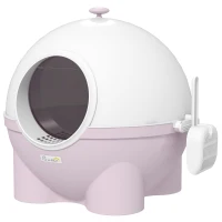PawHut Hooded Cat Litter Box, Large Kitty Litter Pan with Lid, Scoop, Leaking Sand Pedal, Top Handle, Light Pink(m-11)