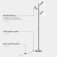 HOMCOM Modern Floor Lamp, Standing Lamp with 3 Rotating Lights for Living Room, Bedroom, Office, Silver(m-6)