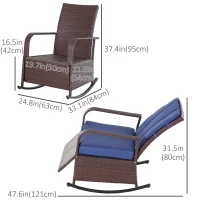 Outsunny Outdoor Wicker Rocking Chair with Cushion, Patio PE Rattan Recliner Chair with Adjustable Footrest, Armrests, Dark Blue(m-3)