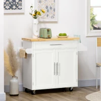 HOMCOM Kitchen Island with Storage, Rolling Cart Trolley with Rubberwood Top, Adjustable Shelf, Drawer, Spice Rack, White(m-1)