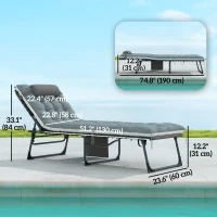 Outsunny Outdoor Lounge Chair Set of 2, Folding Chaise Lounge Tanning Chair with Cushion, Side Pocket, Grey(m-3)