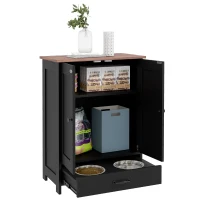 PawHut Pet Feeding Station, Dog Food Storage Cabinet w/ Raised Dog Bowls, Adjustable Panel, Hooks for Medium Dogs, Black(m-11)