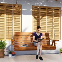 Outsunny 3-Seater Swing Bench, Wooden Porch Swing with Cupholders, Hanging Chains for Patio Garden, Carbonized(m-8)