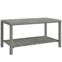 Outsunny 35" Outdoor Wicker Coffee Table with Glass Top, Storage Shelf for Garden Porch Balcony Deck, Dark Grey(m-9)