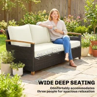 Outsunny 3 Seater Outdoor Couch Sofa, PE Wicker Patio Furniture Couch, Wide Seat, 4" Cushions, Wood-Effect Armrests, Cream White(m-6)