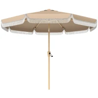 Outsunny 9 ft Patio Umbrella with Push Button Tilt and Crank, Fringed Outdoor Market Table Umbrella Parasol, Khaki(m-9)