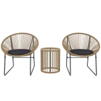 Outsunny Outdoor Bistro Set, 3 Piece Wicker Patio Furniture Set with 2 Chairs and Glass-Top Table, Natural Wood(m-9)