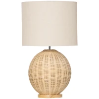 HOMCOM Nautical Style Table Lamp, Bedside Reading Light with White Fabric Lampshade and Rattan Base for E26 LED or Halogen Bulb for Living Room, Natural(m-23)