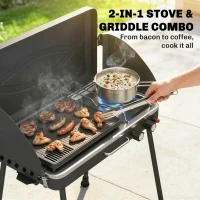 Outsunny 2-in-1 Camping Stove & Gas Griddle Combo, 20,000 BTU Portable Propane Grill with Detachable Legs, Wind Guards, Black(m-4)