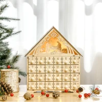 HOMCOM Christmas Advent Calendar, Light Up Manger Scene Tabletop Xmas Wooden House Holiday Decoration with Countdown Drawer(m-9)