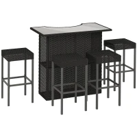 Outsunny 5 Pieces Patio Bar Set, Outdoor PE Rattan Wicker High Top Outdoor Table and Chairs Outdoor Bar Set with Tempered Glass Top Bar Table and Shelves, 4 Bar Chairs, Black(m-9)