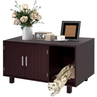 PawHut Wooden Cat Litter Box Enclosure & House, Kitty Hidden Washroom, with End Table Design, Scratcher, & Magnetic Doors, Brown(m-1)