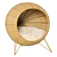 PawHut 20.5" Rattan Cat Bed, Wicker Elevated Round Condo for Comfort and Circulation with Cushion(m-1)