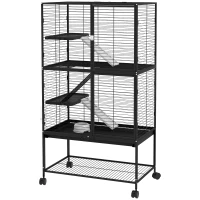 PawHut Rolling Small Animal Cage 54"H Chinchilla Cage for Ferrets, Squirrels w/ Removable Tray, Storage Shelf, Black(m-2)