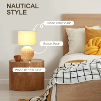 HOMCOM Nautical Style Table Lamp, Bedside Reading Light with White Fabric Lampshade and Rattan Base for E26 LED or Halogen Bulb for Living Room, Natural(m-16)