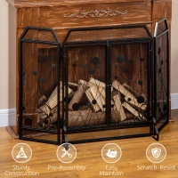 HOMCOM 3-Panel Metal Fireplace Mesh Screen Home Folded Steel Spark Protection with Magnetic Doors 49.25" x 31.5", Black(m-6)