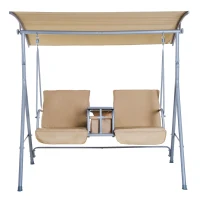 Outsunny 2-Seater Outdoor Porch Swing with Canopy and Table, Patio Swing Chair for Garden, Poolside, Backyard, Beige(m-11)