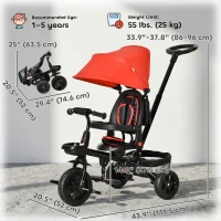 Qaba Tricycle for Toddler 5 in 1 Kids Trike, Foldable Converts Stroller to Toddler Bike, Adjustable Backrest & Curved Canopy, Detachable Guardrail & Handle for 1-5 Years Old, Red(m-3)