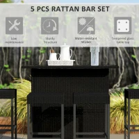 Outsunny 5 Pieces Patio Bar Set, Outdoor PE Rattan Wicker High Top Outdoor Table and Chairs Outdoor Bar Set with Tempered Glass Top Bar Table and Shelves, 4 Bar Chairs, Black(m-4)
