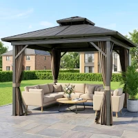 Outsunny 10' x 10' Hardtop Gazebo, Sun Shelter with Double Tier Metal Roof, Mosquito Netting, and Hanging Hook, Dark Brown(m-9)